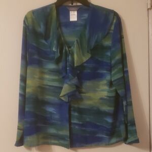 Vintage Koret Blue and Green Ruffled Button Front Blouse, Gently Worn, Size 10